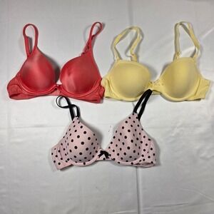 GapBody 34A Bra Bundle Set of 3 Coral Yellow Pink Polka‎ Dot T-Shirt Demi Bras